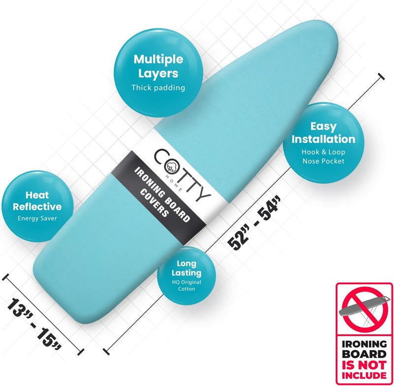 COTTY HOME Store أغطية طاولة الكي السميكة مع وسادة بحجم قياسي 15x54، عاكسة للحرارة ومقاومة للاحتراق، حزام تثبيت غير قابل للانزلاق، حواف مرنة، تركواز - Image 3